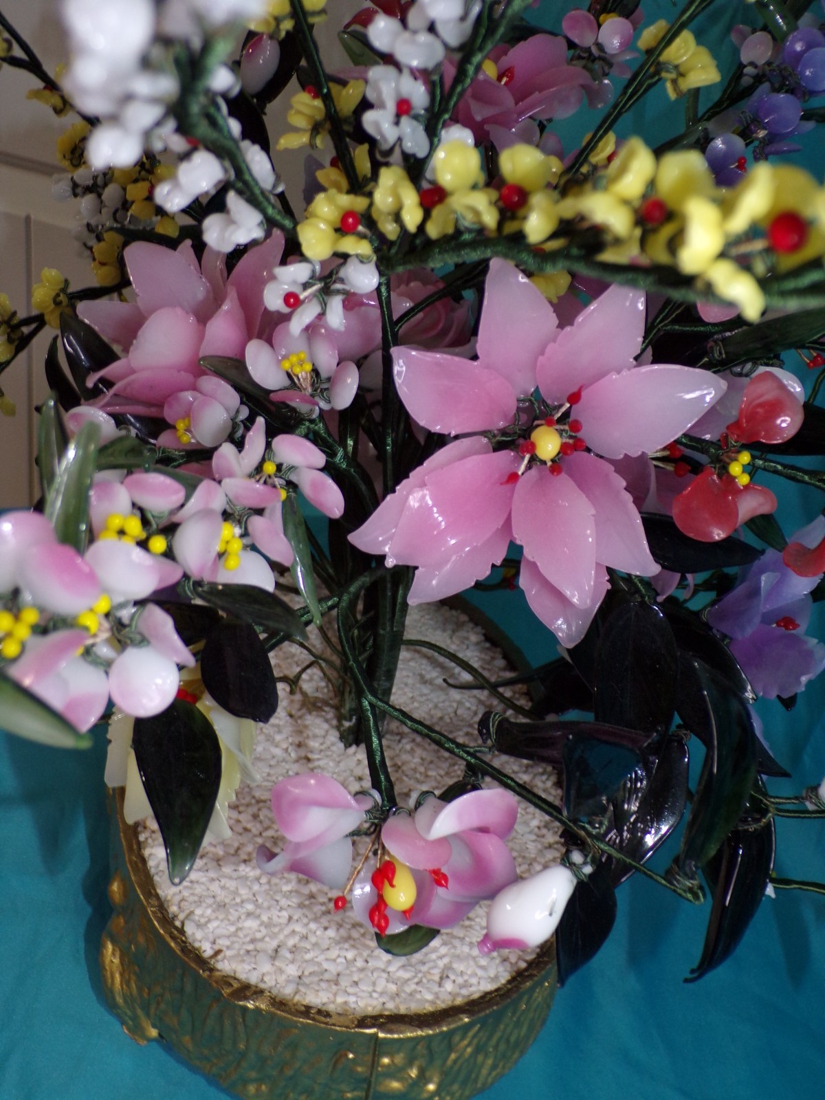 Large Jade Quartz Stone Glass Flower Bonsai Tree Vintage 20H x 30W Centerpiece