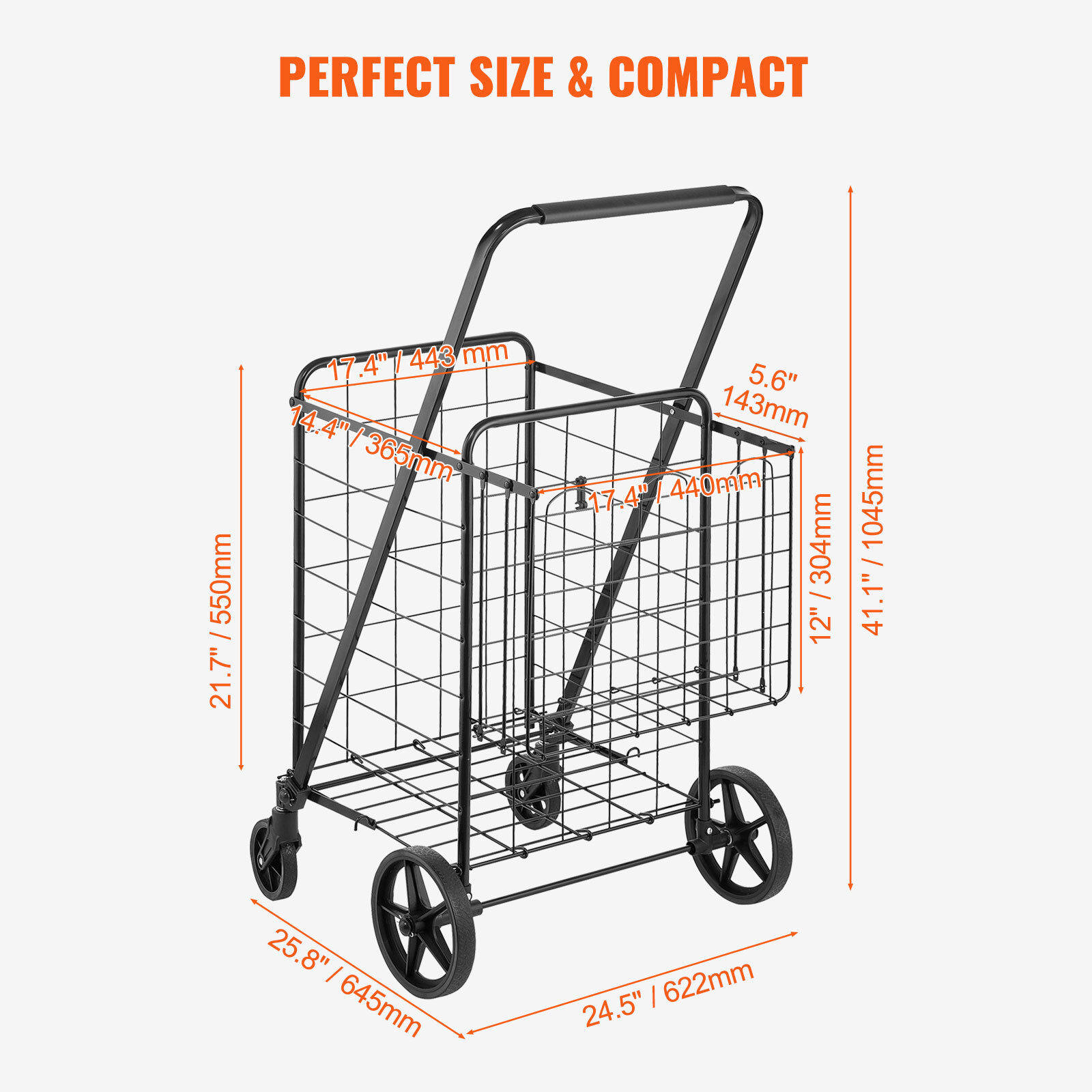 VEVOR Folding Shopping Cart Rolling Grocery Cart with Double Baskets 110 LBS