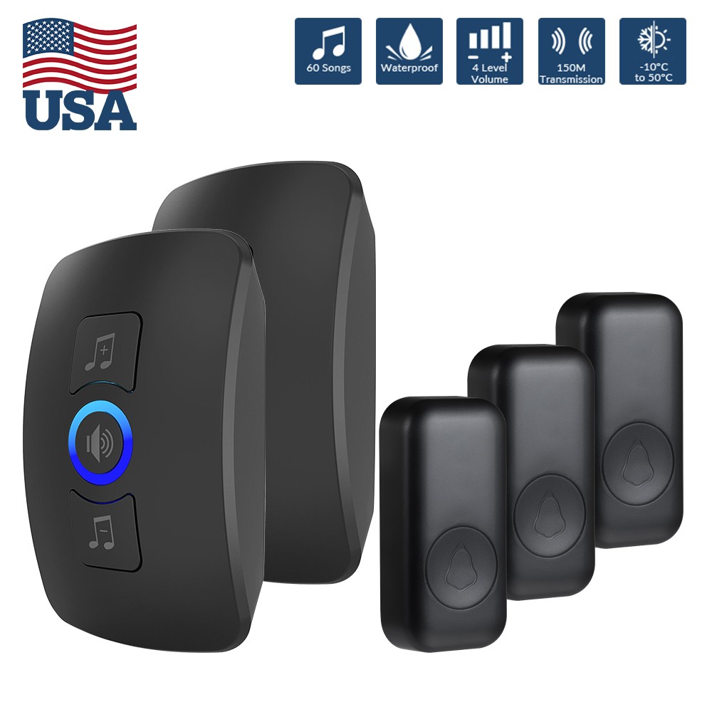 Waterproof Wireless Doorbell Adjustable Volume 2 Plugin Receiver 3 Bell Button