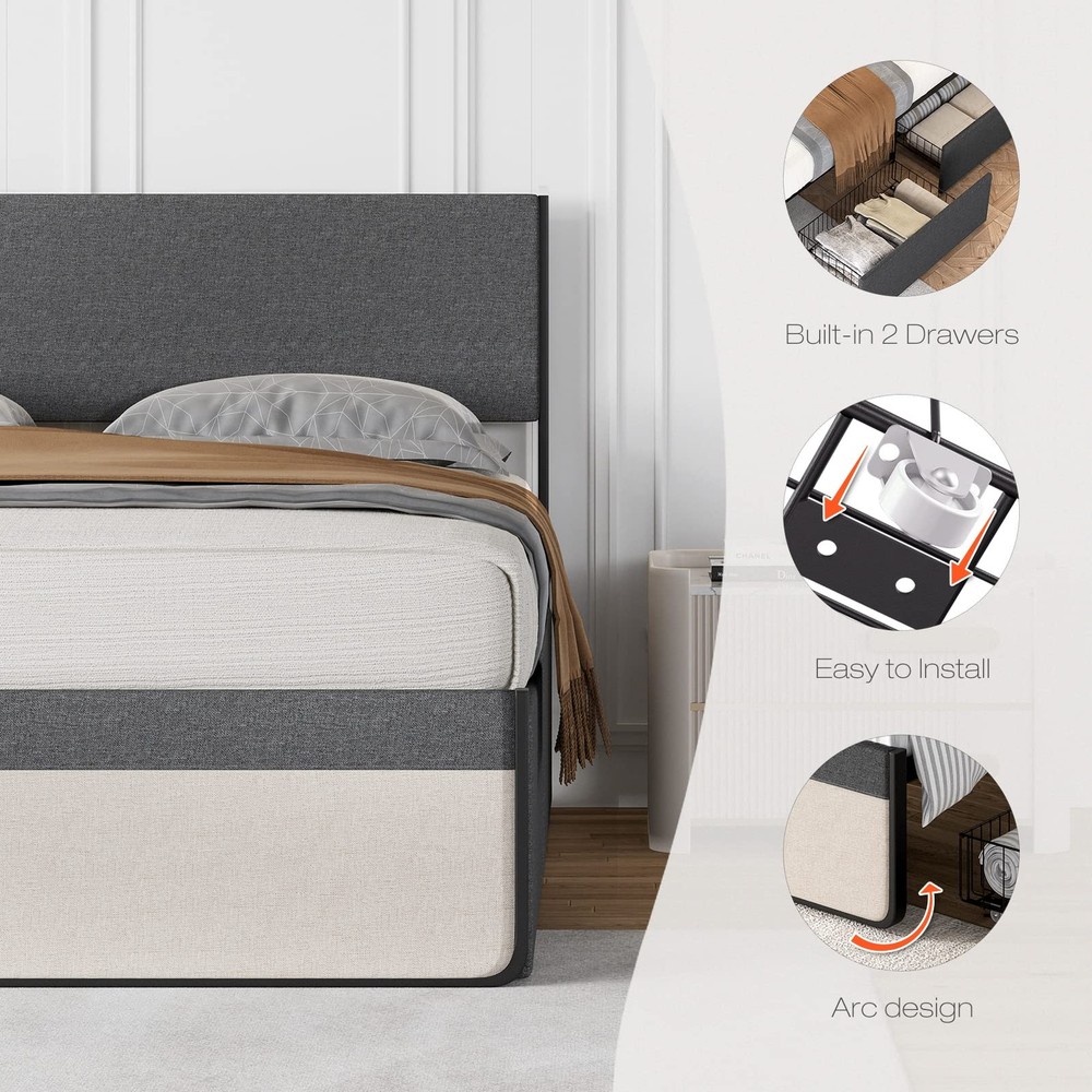 Full Size Bed Frame Headboard Platform Bed Frame Metal Slats Support & 2 Drawers