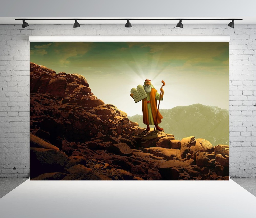 7x5ft Fabric Moses Backdrop Moses Holding Ten Commandments Tablets on Mount S...