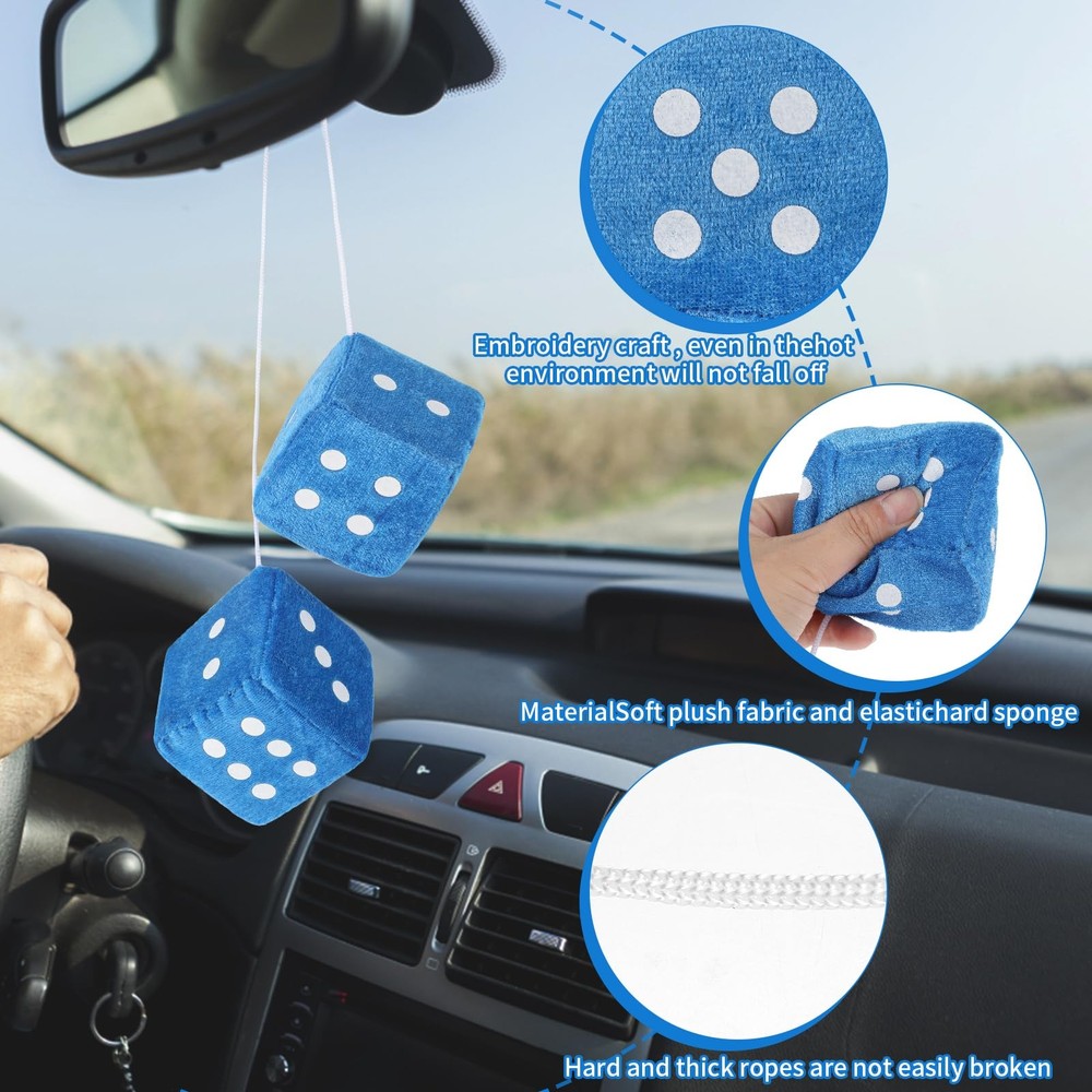 Fuzzy Dice for Rear View Mirror, Blue Car