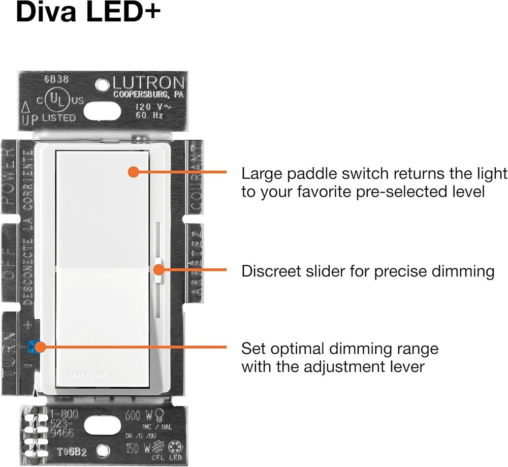 Diva LED+ Dimmer Light Switch for Dimmable LED, Halogen, and Incandescent Bul...