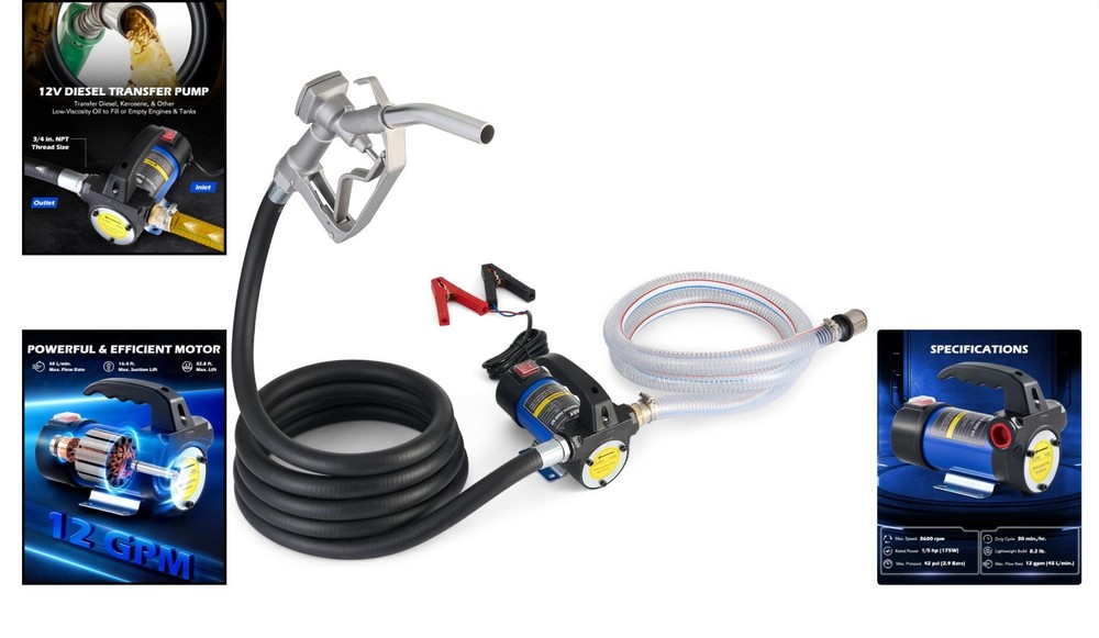 Compact Diesel Transfer Pump with Hoses & Adjustable Flow Control - 11.9 GPM