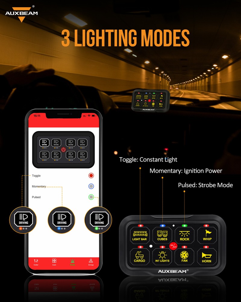 AUXBEAM 8 Gang AR-820 RGB Multifunction Switch Panel Relay System 2-sided Outlet