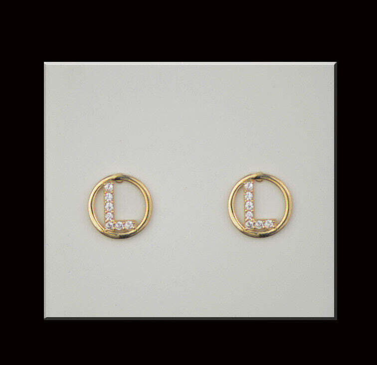 14k Yellow or White Gold Round Initial Letters CZ Stud Earrings