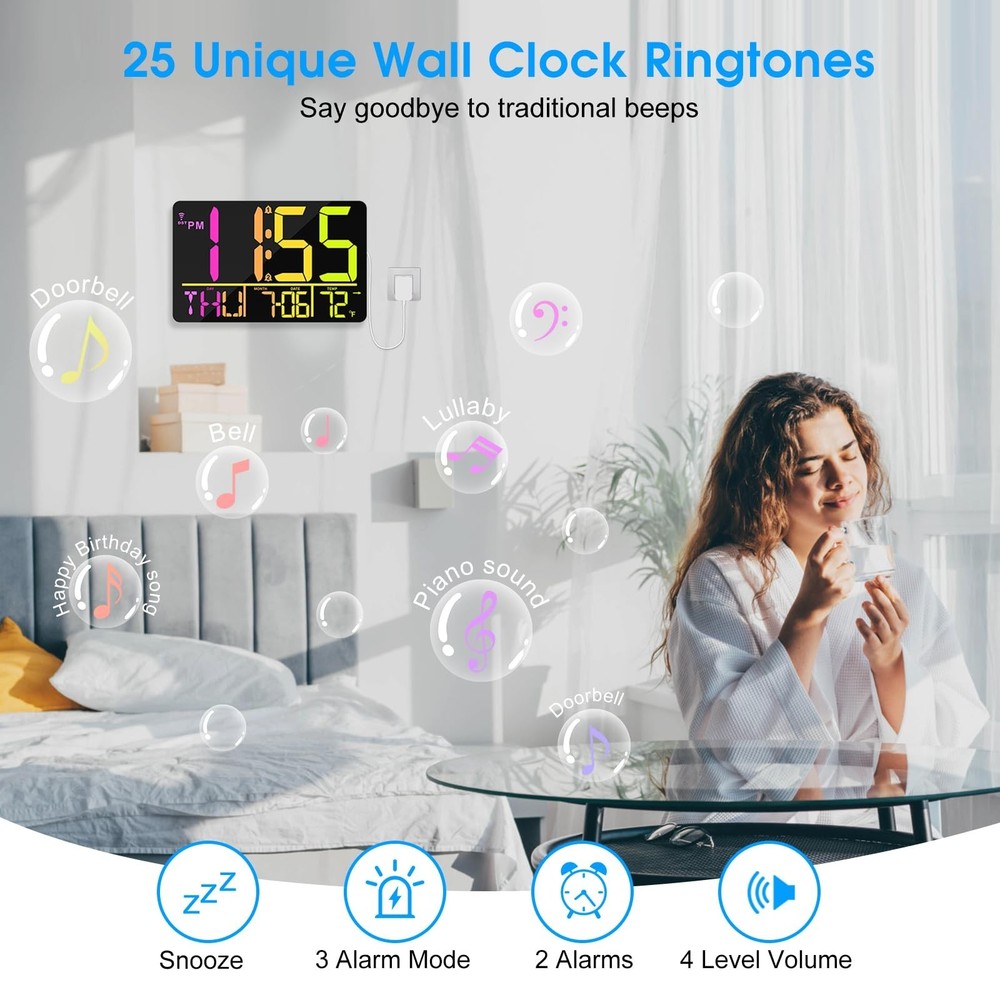 13" Bluetooth Auto Sync Wall Clock- Large Digital Alarm Clock with Remote, RG...
