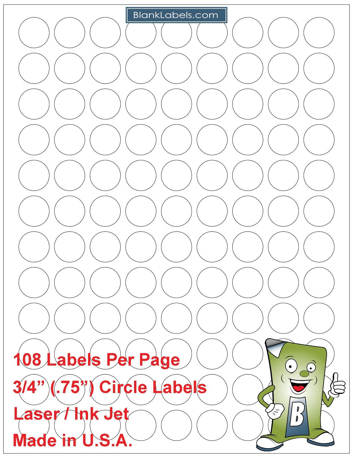 108 Per Page Circle Labels .75" 3/4" Round Circular Laser / Ink Jet Event Labels