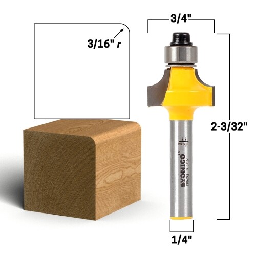 3/16" Radius Round Over Edge Forming Router Bit - 1/4" Shank - Yonico 13062q