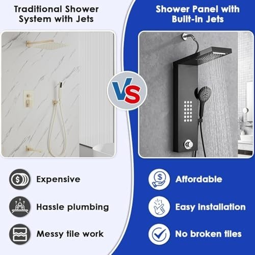 Rain Shower Panel Tower System with Handheld High Pressure Massage Head - Black
