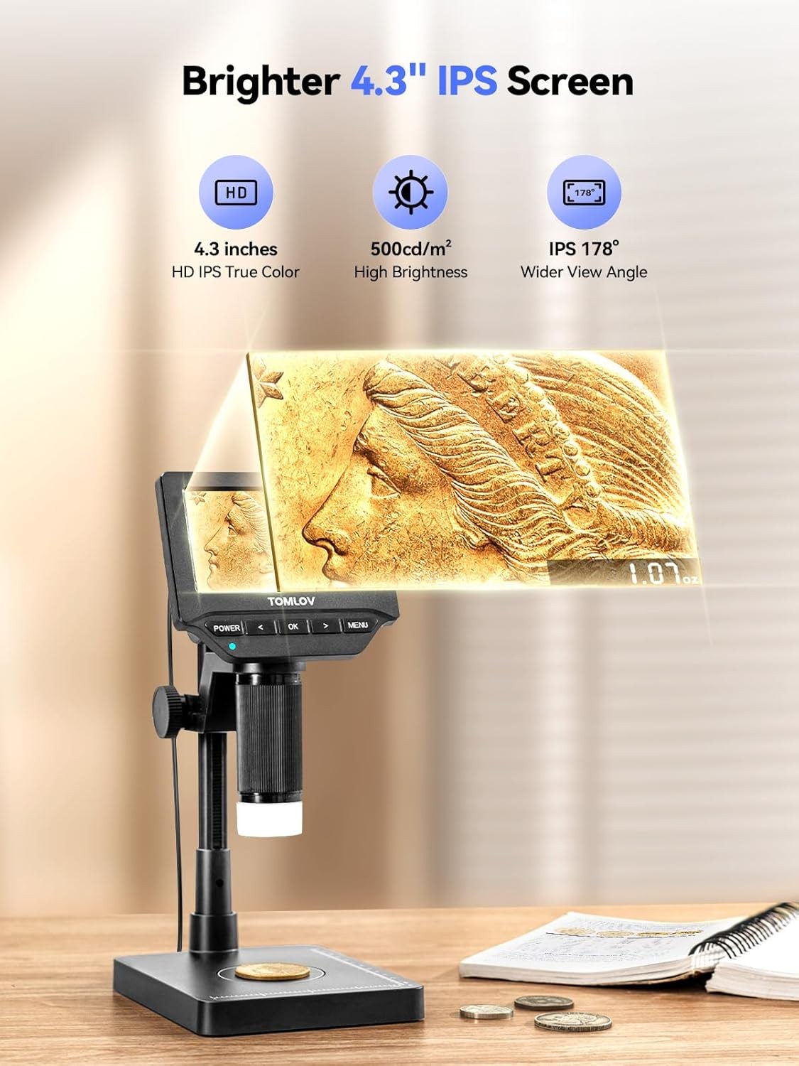 TOMLOV 4.3" Digital Microscope Error Coin Magnifier w/ Weighing Scale fr Jeweler