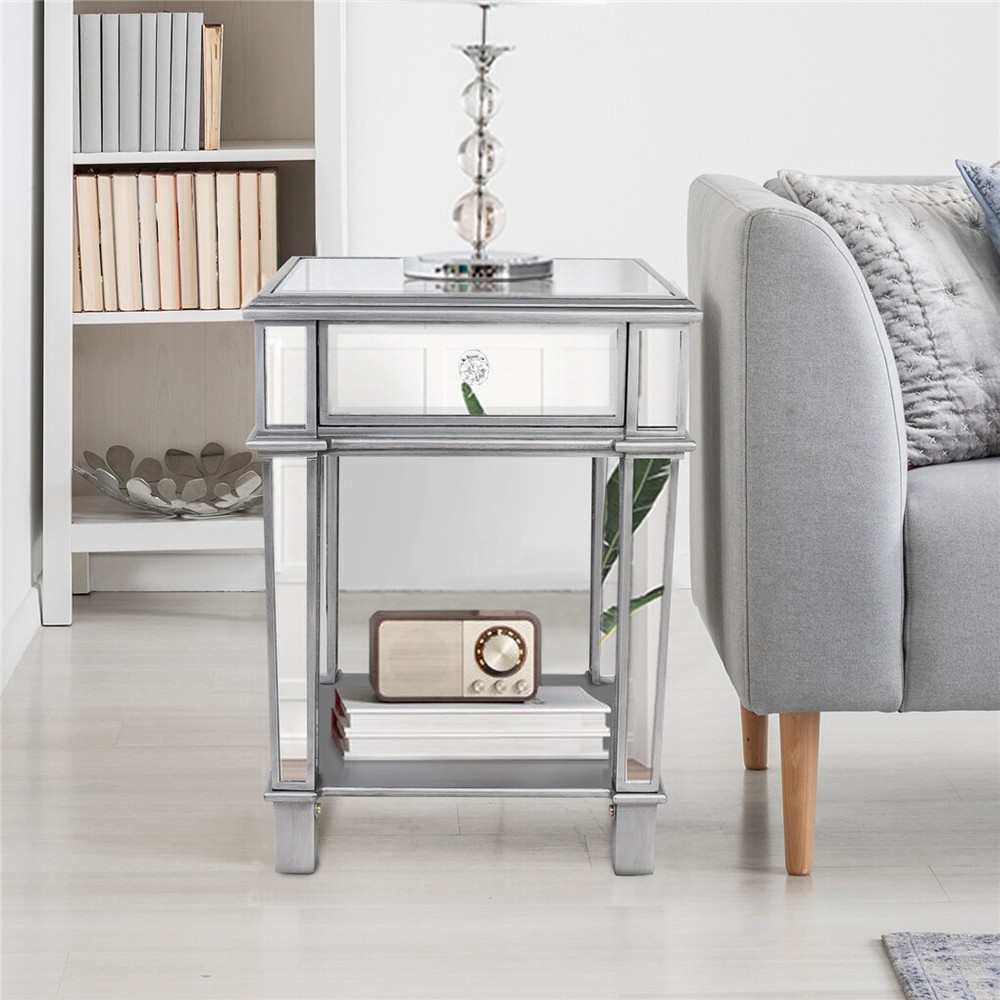 2Tier Modern Silver Mirrored Side End Table Nightstand Bedside Table with Drawer