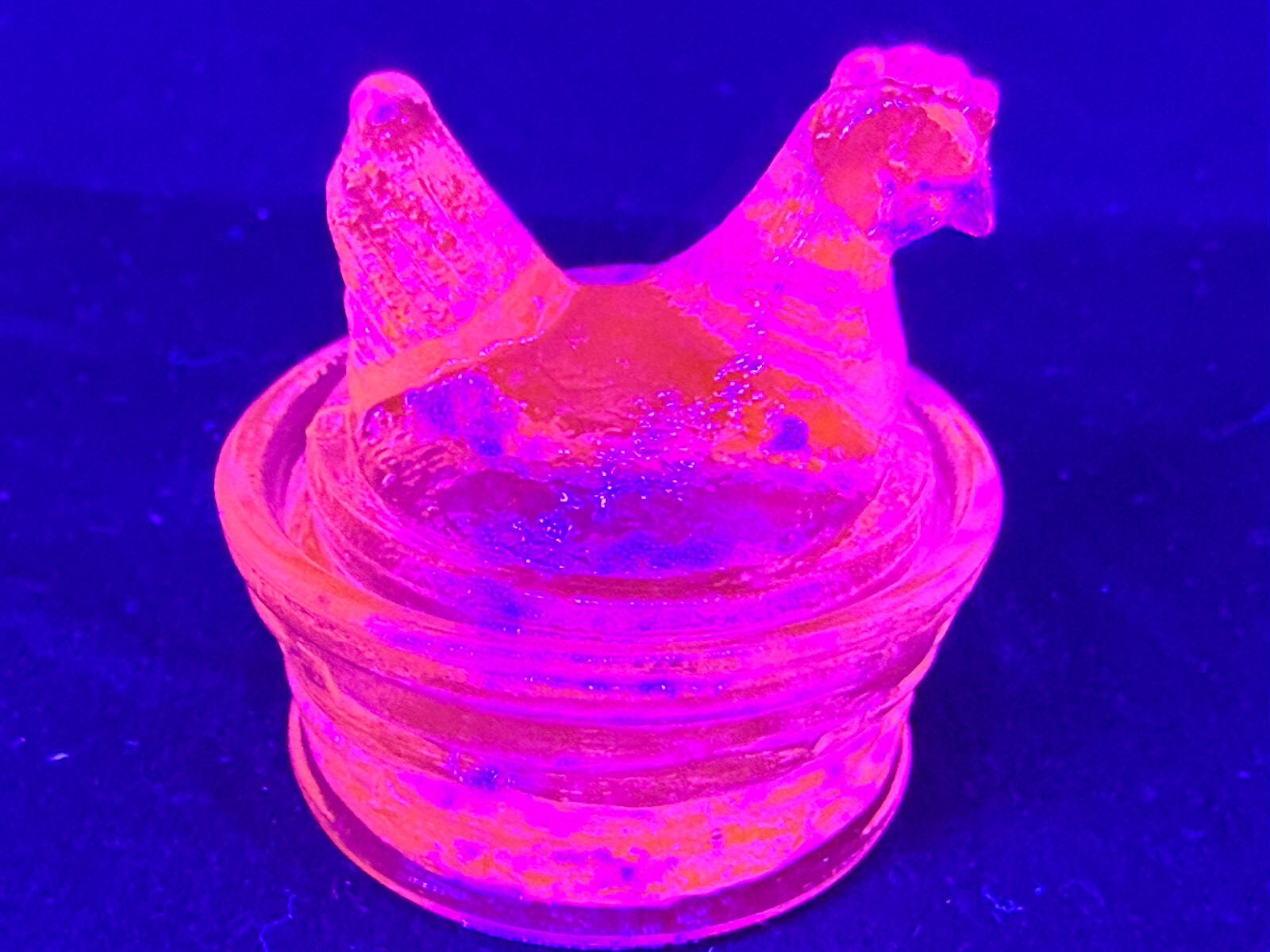 Blue Vaseline uranium glass Hen Chicken on nest basket eggs / salt cellar orange