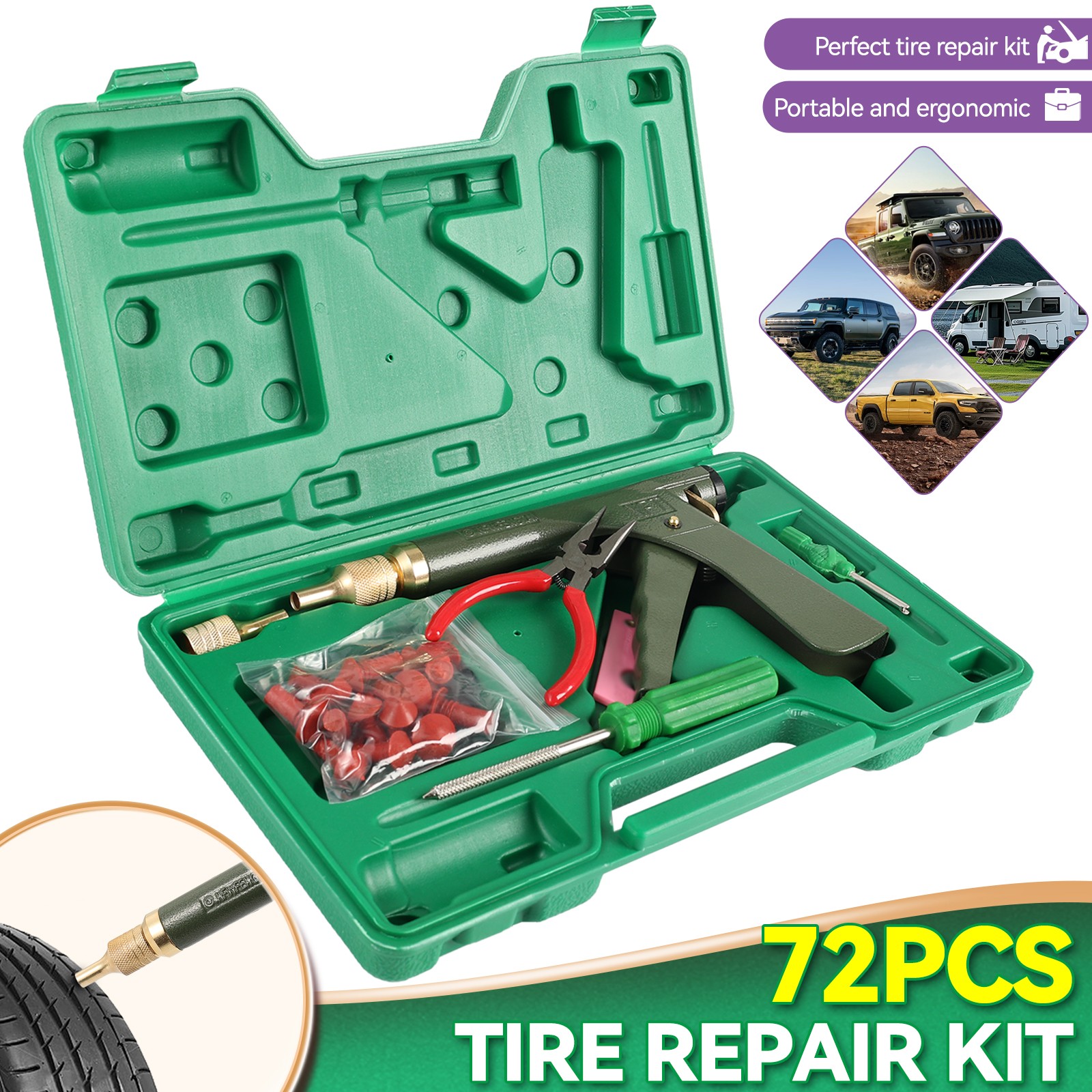 72pcs Tire Wheel Repair Gun Kit Mushroom Plug Probe Nozzle Tire Plugger Tubeless