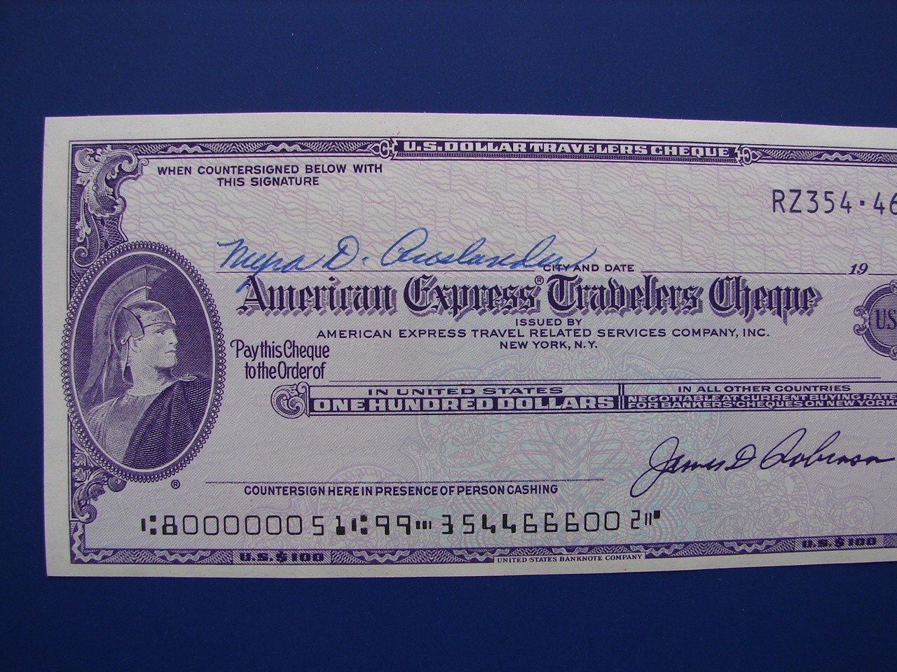Vintage American Express Travelers Check Cheque $100 US Dollars Unused MINTY 600