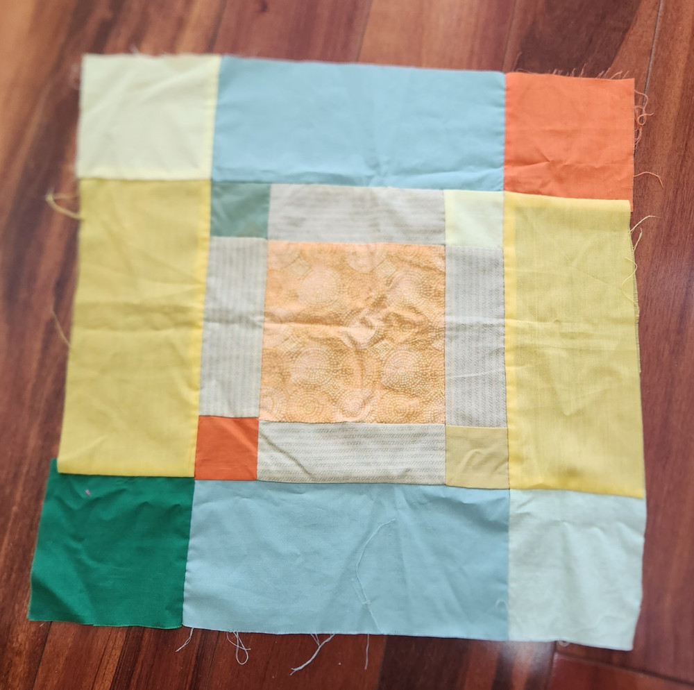Patchwork Throw Pillow Square Block Quilt Front Yellow Blue Orange Green ~ 18x18