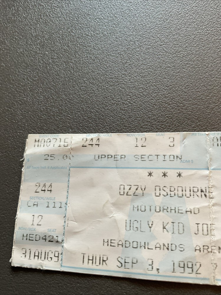 OZZY OSBOURNE *BACKSTAGE PASS +TICKET STUB*motorhead 9/3/92