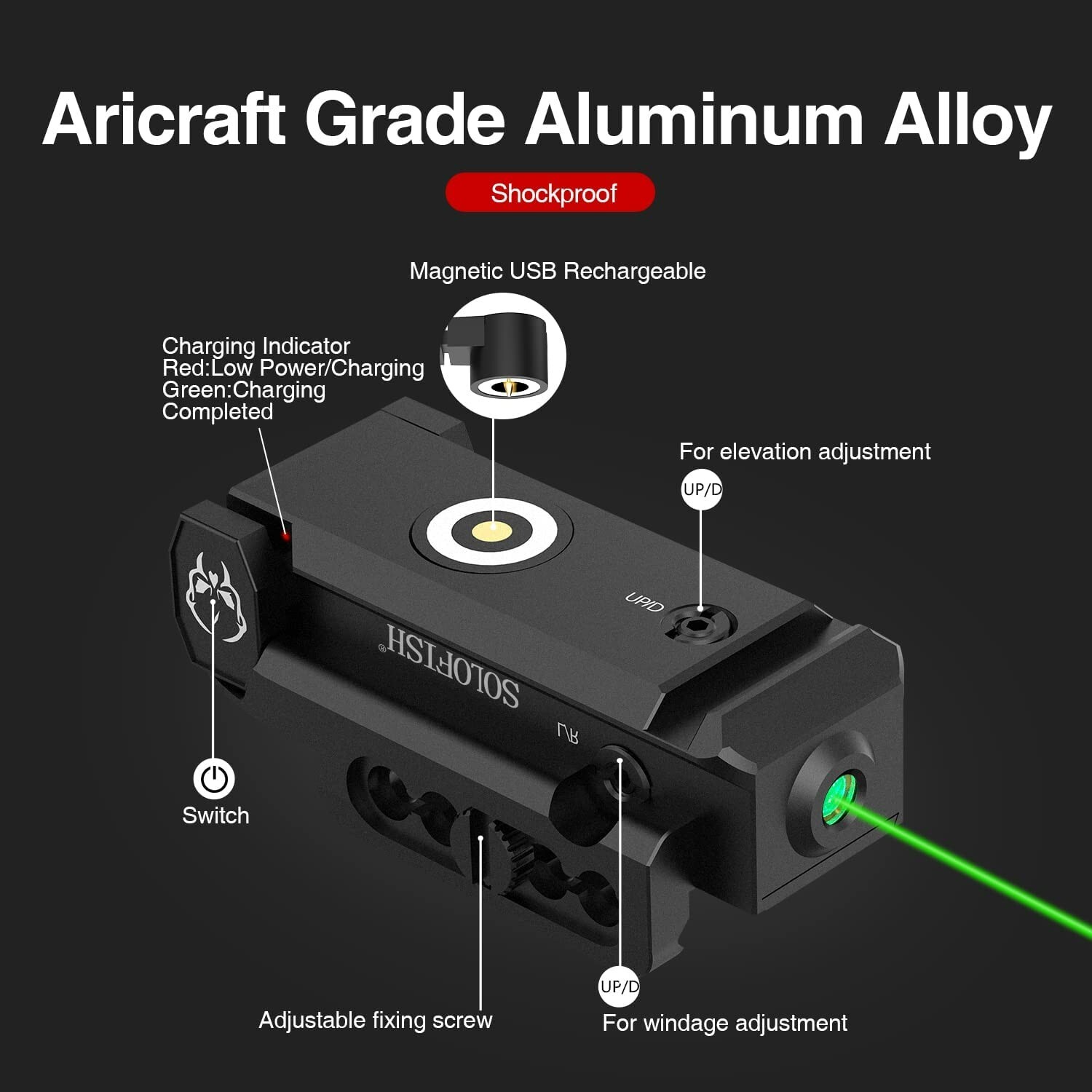 SOLOFISH Green Laser Sight Low Profile Magnetic Rechargeable Picatinny Pistol