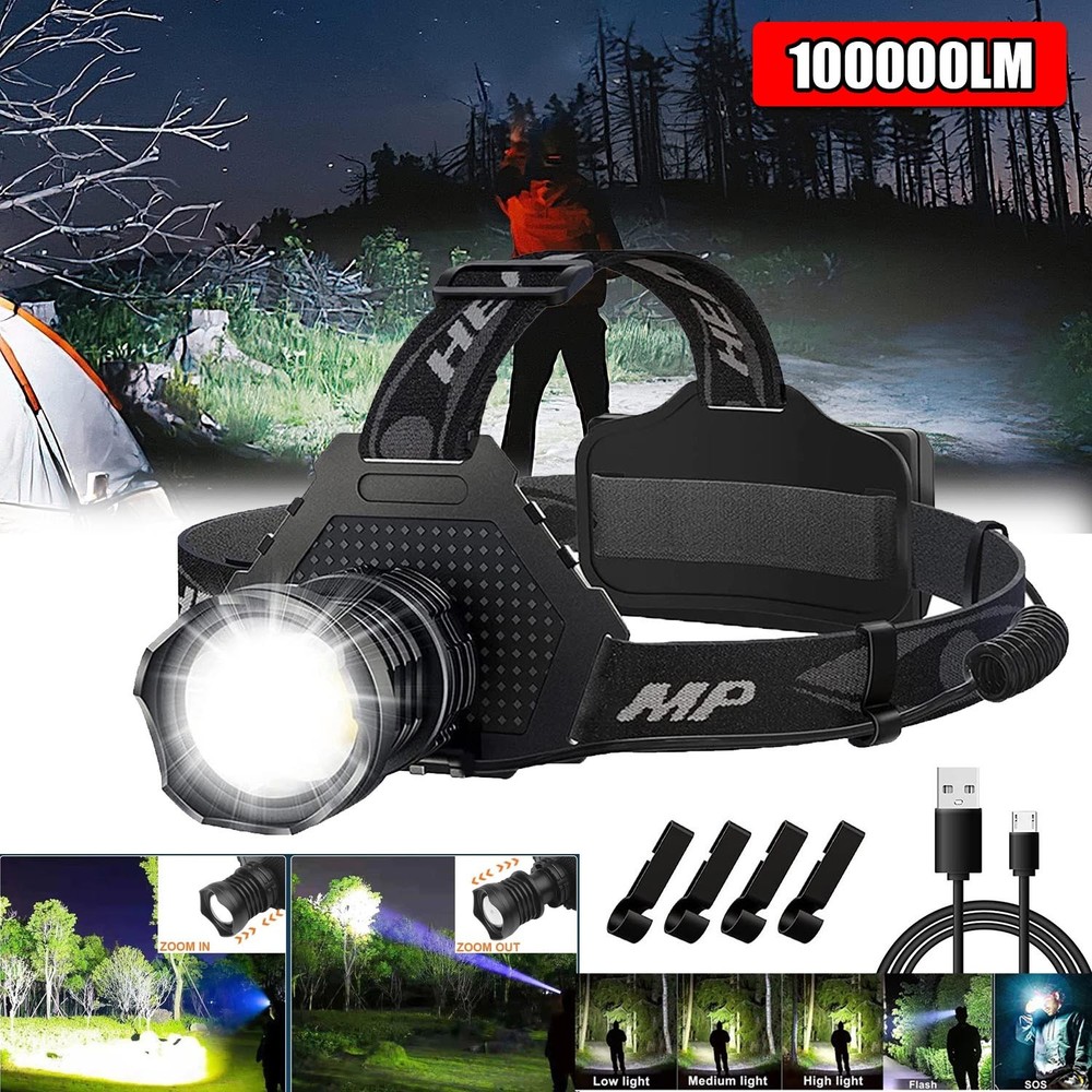 Rechargeable LED Headlamp 100000 Lumen, Super Bright Head Lamp Flashlight 5 Mode