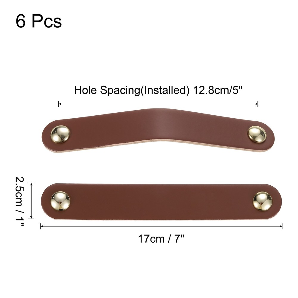 6 Packs Leather Drawer Pulls Double Hole Knobs, Brown/Gold(Hole Spacing:128mm)
