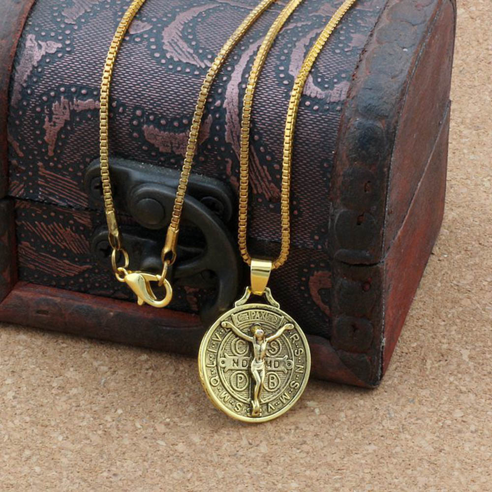 Gold Jesus Crucifix Saint St Benedict Medal Cross Pendant Necklace 24" Box Chain