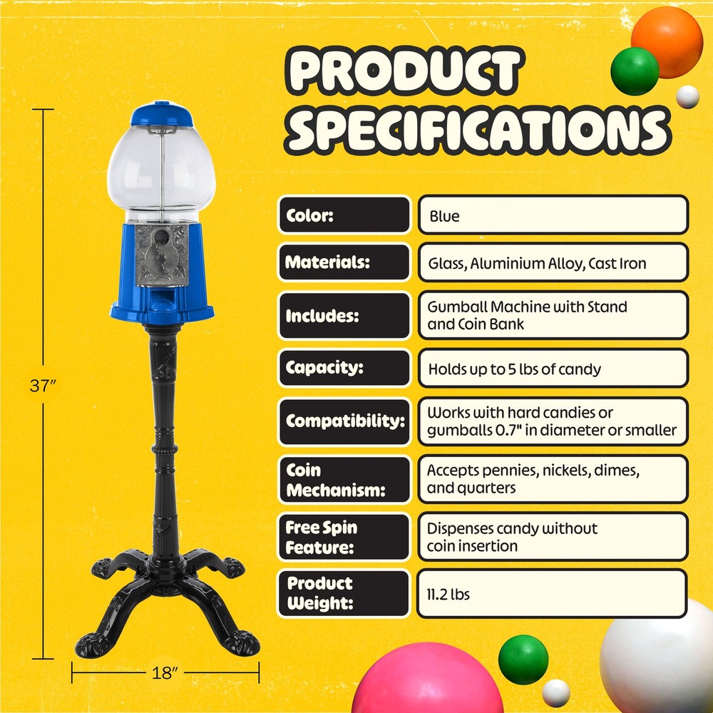 15” Gumball Machine Bubble Gum Machine Candy Dispenser Vending Machine