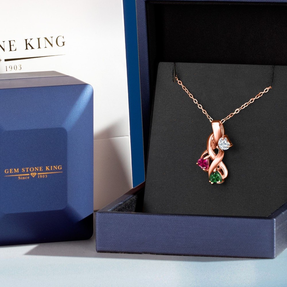 18K Rose Gold Plated Silver White Moissanite and Created Ruby and Nano Emerald