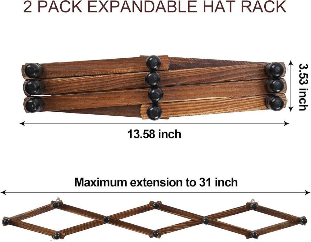 2 Pack Accordion Hat Rack for Wall - Expandable Coat Rack & Wall Mounted