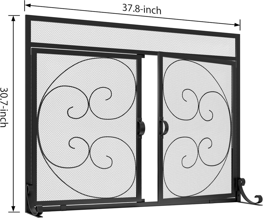 Fireplace Screen with Magnetic Doors,Handcrafted Wrought Iron Classical Scroll D