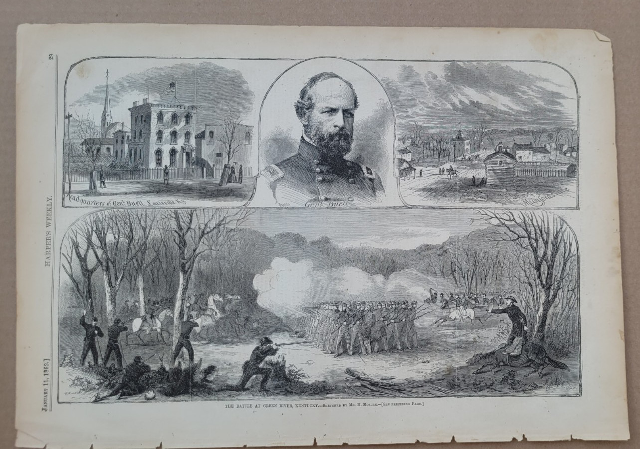 The Battle at Green River  Kentucky   General Buell  vintage print 1862