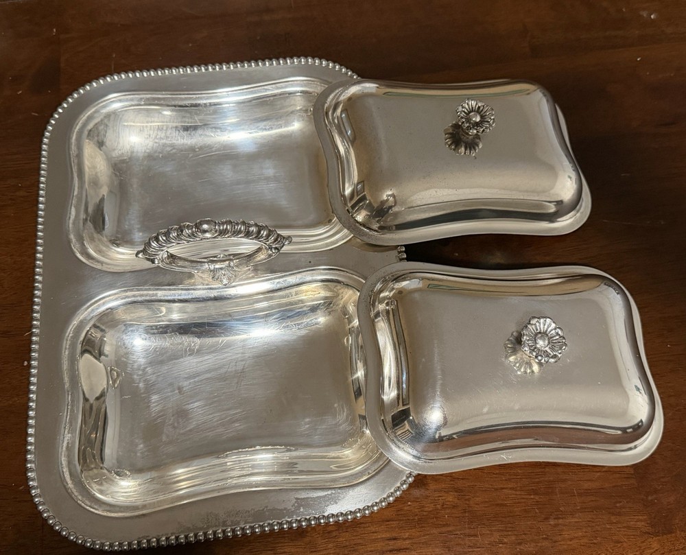 Doubled Vintage Silverplate Lidded Footed Chafing Dish or Server 