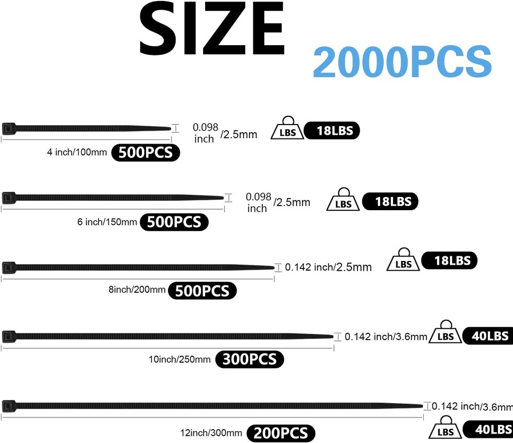 2000 PCS Zip Ties Assorted Sizes 4+6+8+10+12 Inch Self-locking Nylon Cable ties