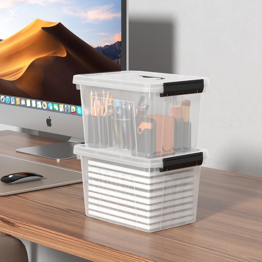 6 Quart Clear Small Storage Boxes with Handles, Plastic Storage Latching Bins...