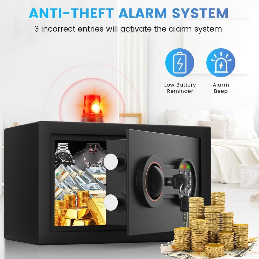 Safe Box 6.69"H with Alarm System Sensor LED Light Wall/Floor Mountable