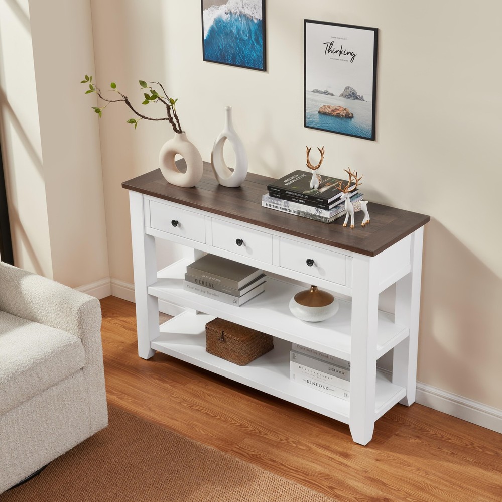 Vintage Style Console Table 2 Open Shelves | Solid Pine Wood Entryway Hall Table