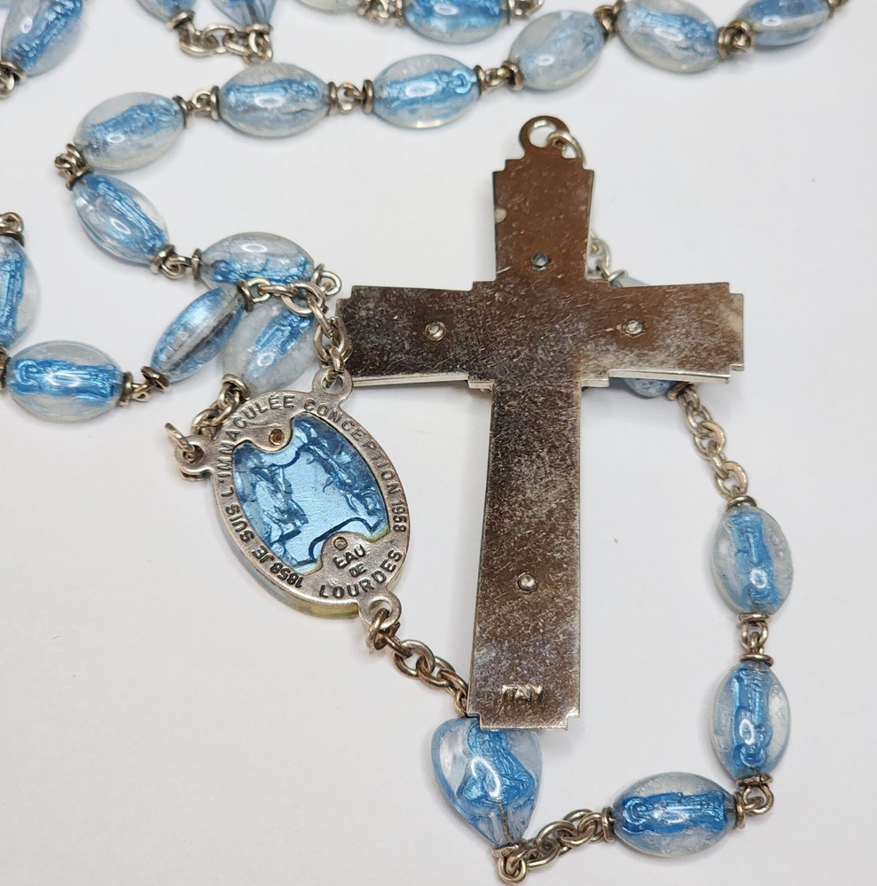 Vintage Lourdes Legatura Alpacca Brevetto Blue Lucite Bubble Bead Rosary Italy
