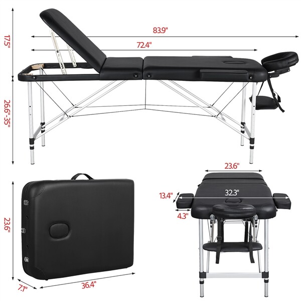 Aluminium Massage Table Portable Beauty Bed 3 Fold Tattoo Bed Black 84'' Renewed