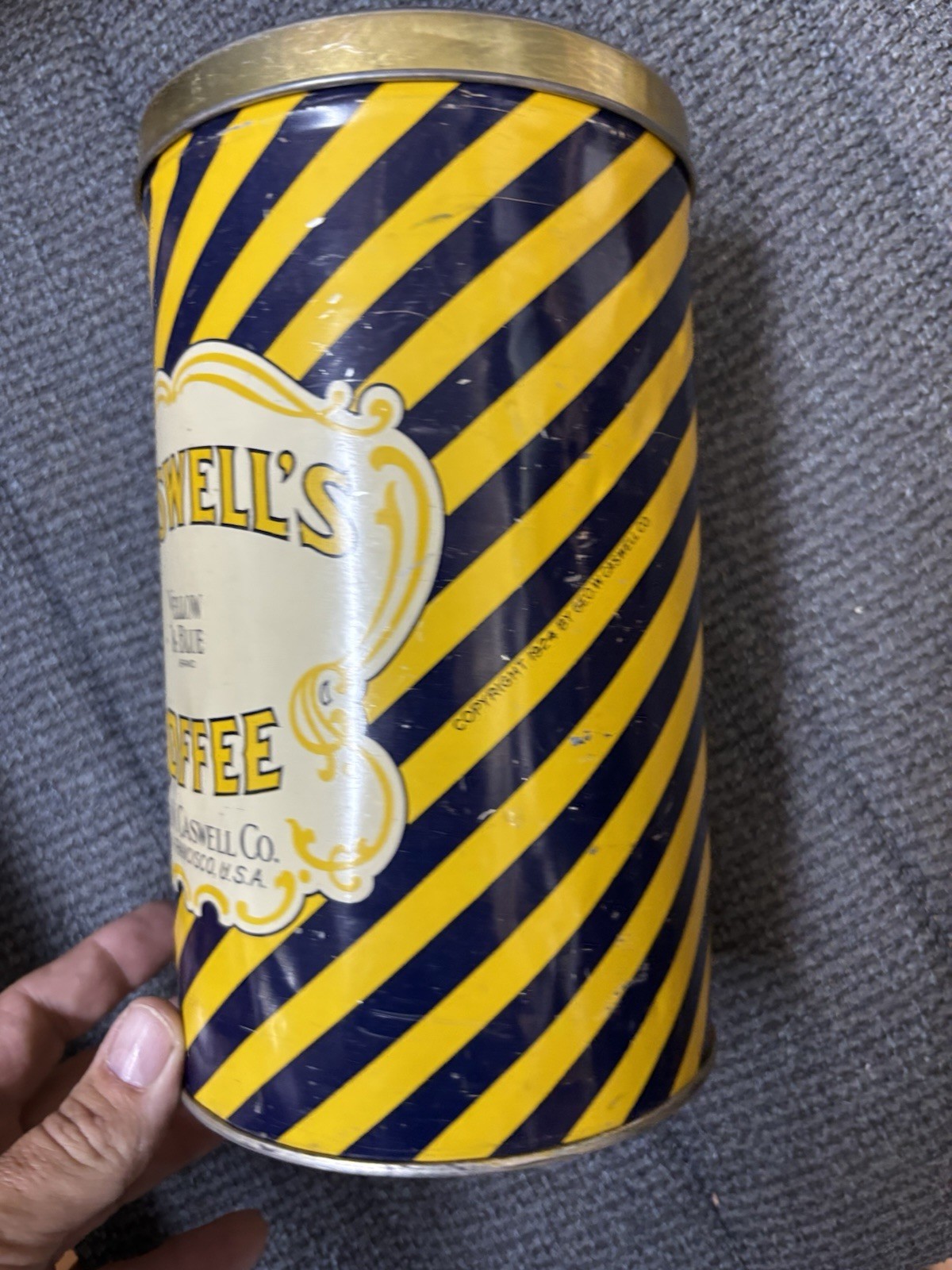 Vtg Caswells coffee 31lb coffee can tin yellow and blue brand advertising litho