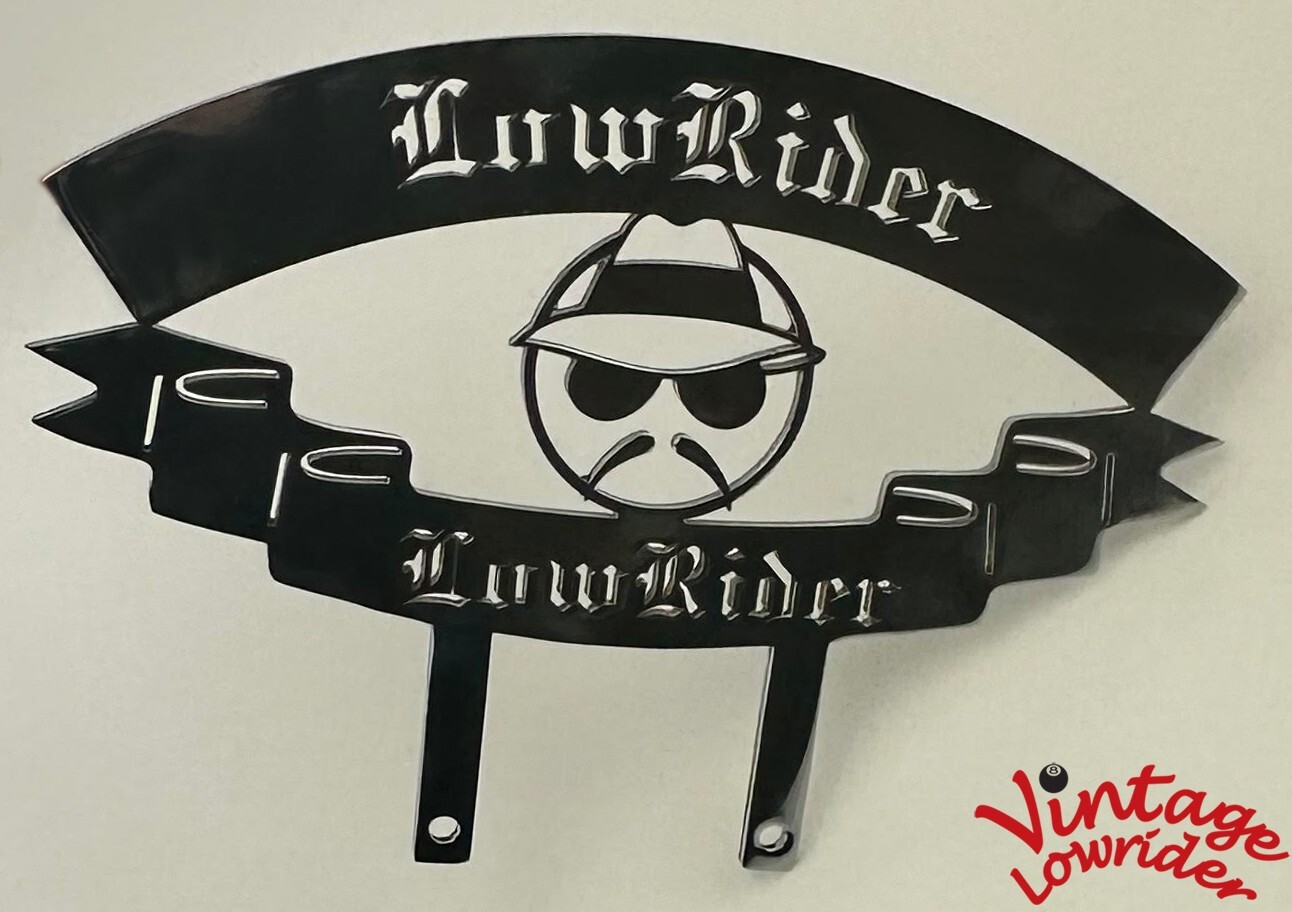 VINTAGE LOWIDER CUSTOM STEEL PLAQUE W/ LOWRIDER LETTER AND HEAD, SHOW PARTS.