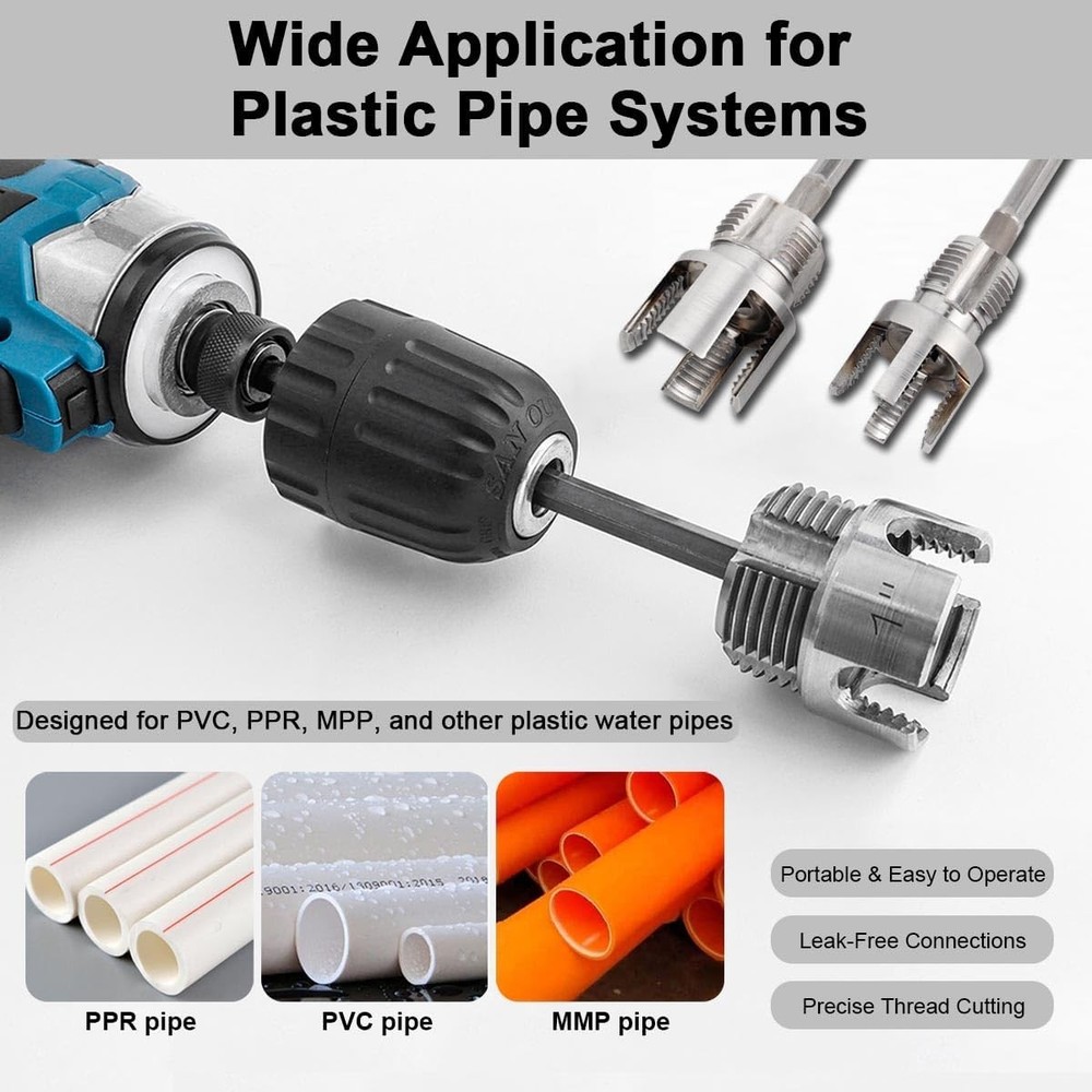 3Pcs PVC Pipe Threader Kit 1/2" 3/4" 1" NPT Integrated Internal & External Pipe