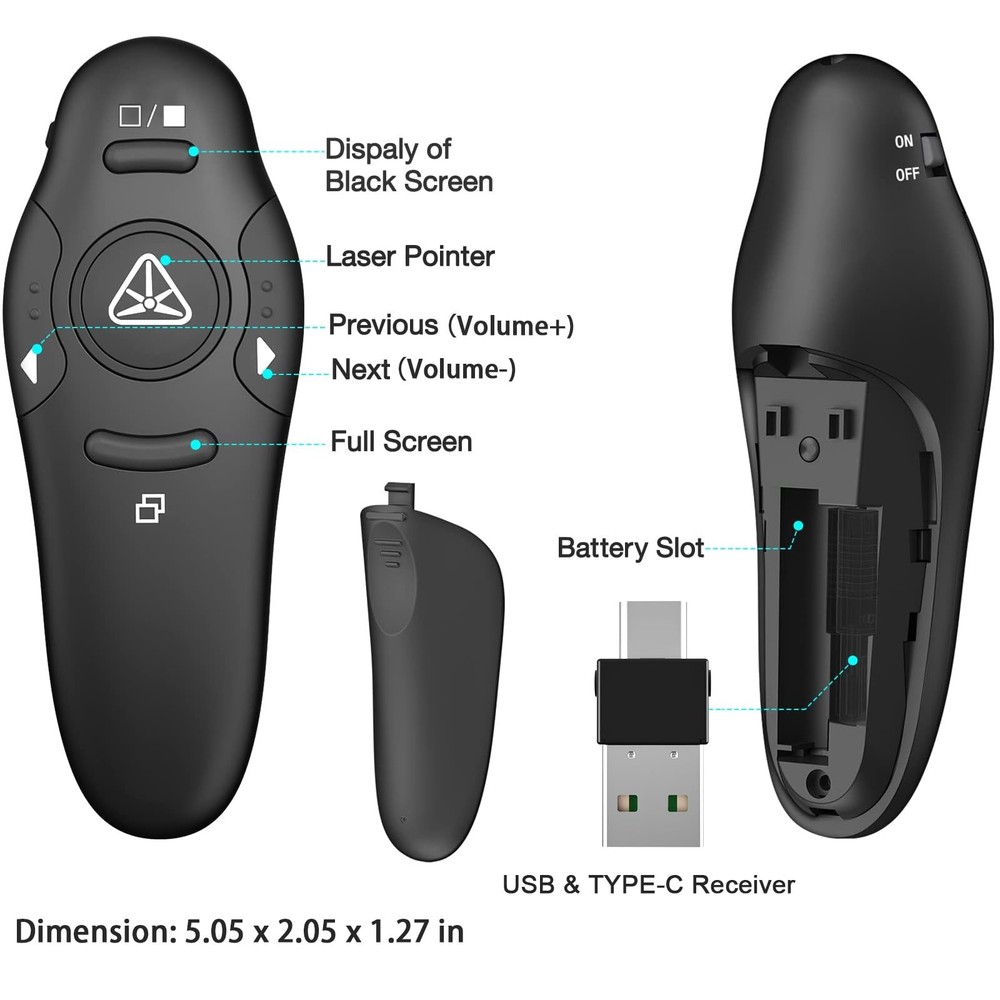 2-in-1 USB Type C Presentation Clicker Wireless Presenter Remote with Laser P...