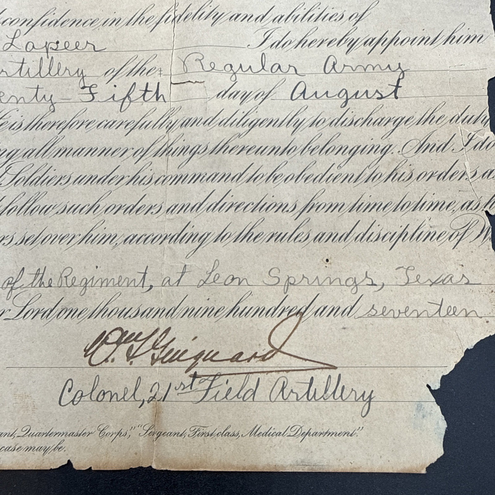 WWI 1917 5th Infantry Division 21st Field Artillery promotion certificate AEF