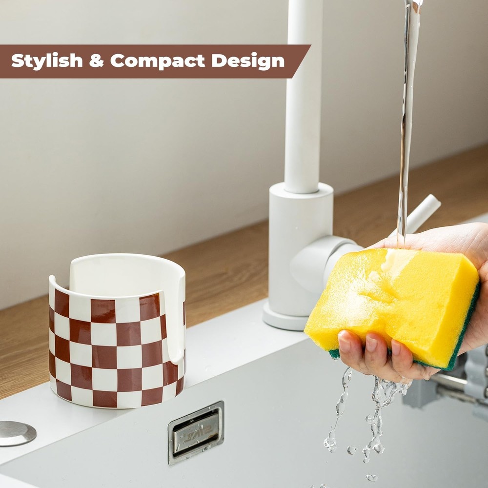 Checkered Sponge Holder for Kitchen Sink, Ceramic Dish Sponge Drying Caddy Sc...