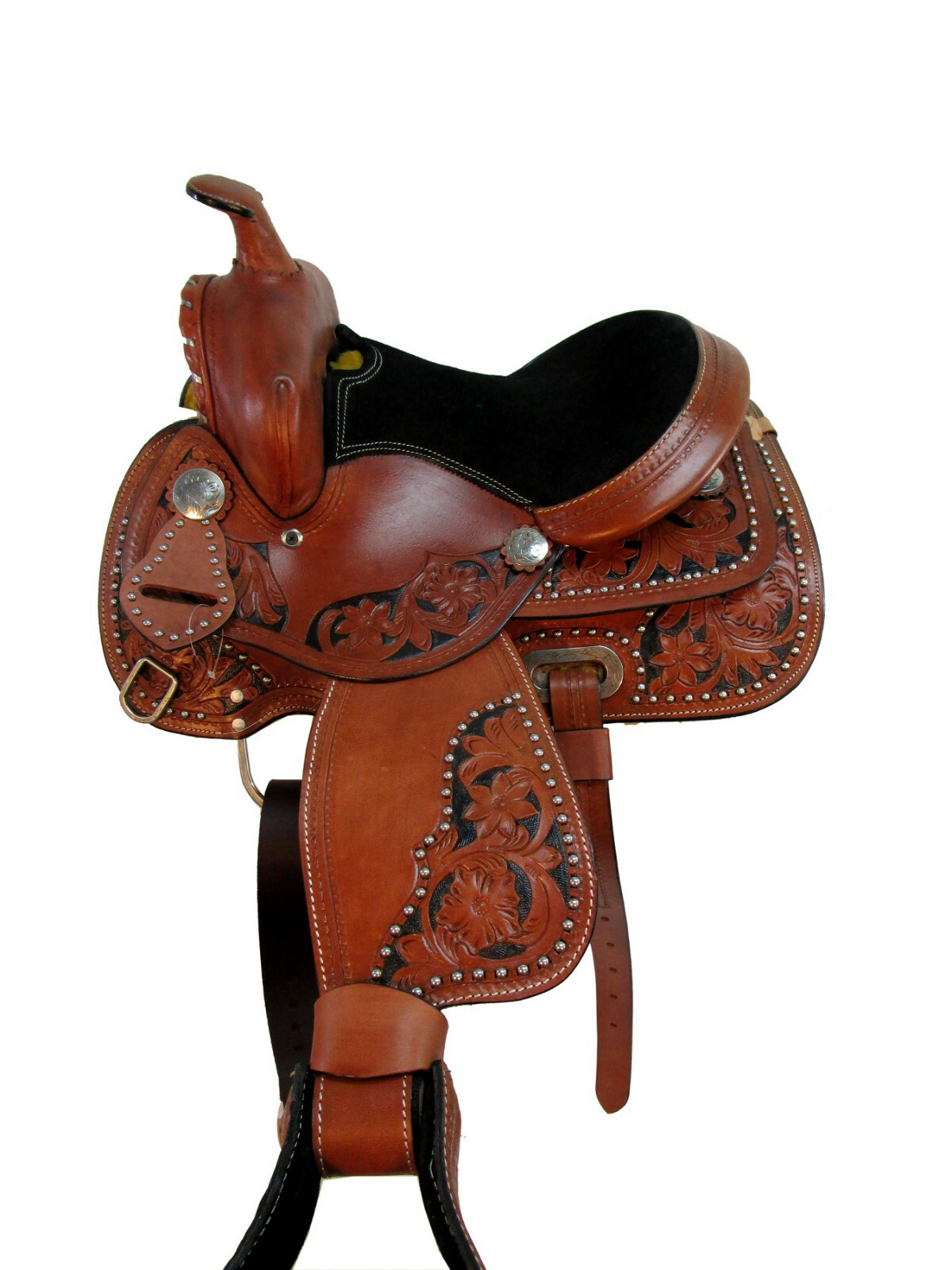 13 12 PONY WESTERN SADDLE PLEASURE FLORAL TOOLED LEATHER TRAIL BARREL RACING SET