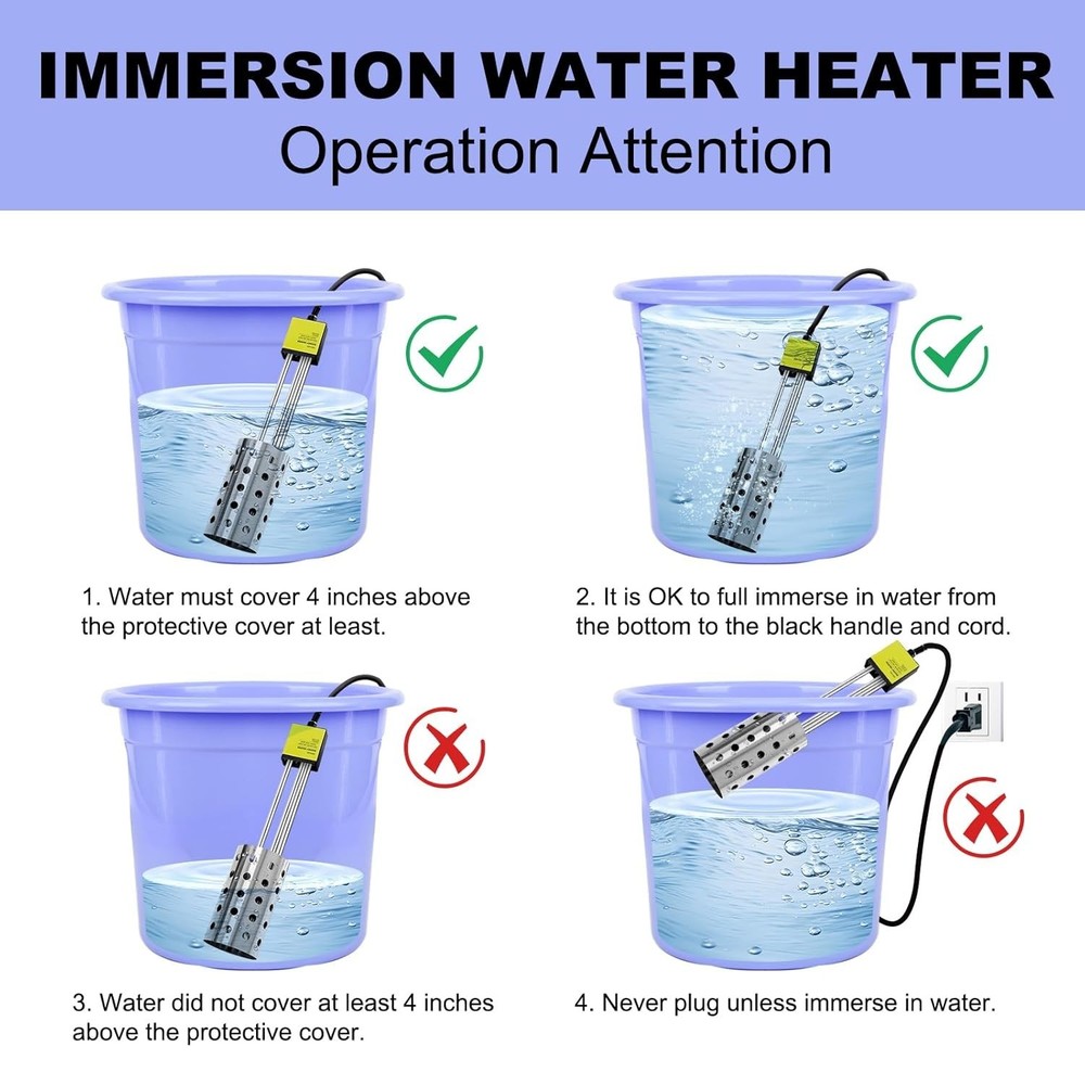 1500W Bucket Heater, Rust Proof Built in Temperature Controller Immersion Wat...