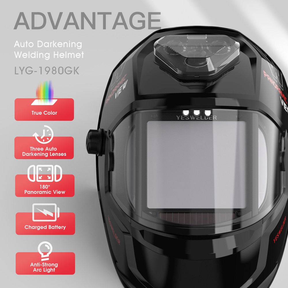 Panoramic View Auto Darkening Welding Helmet, LED Lighting & Type-C Charging