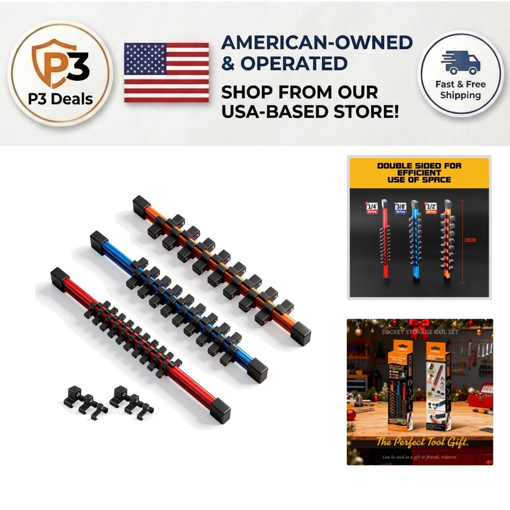 3-Pcs ABS Socket Holders for 1/4, 3/8, 1/2-Inch Sockets - Color-Coded