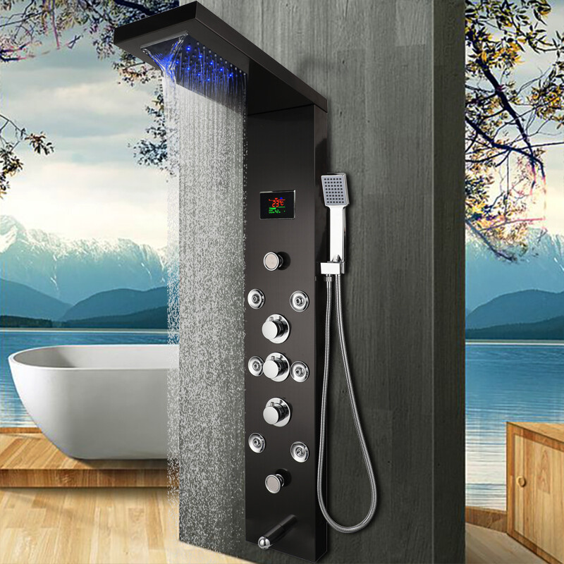 Bathroom Brushed Black ELD Massage Jets Shower Panel Digital Column Faucet Set