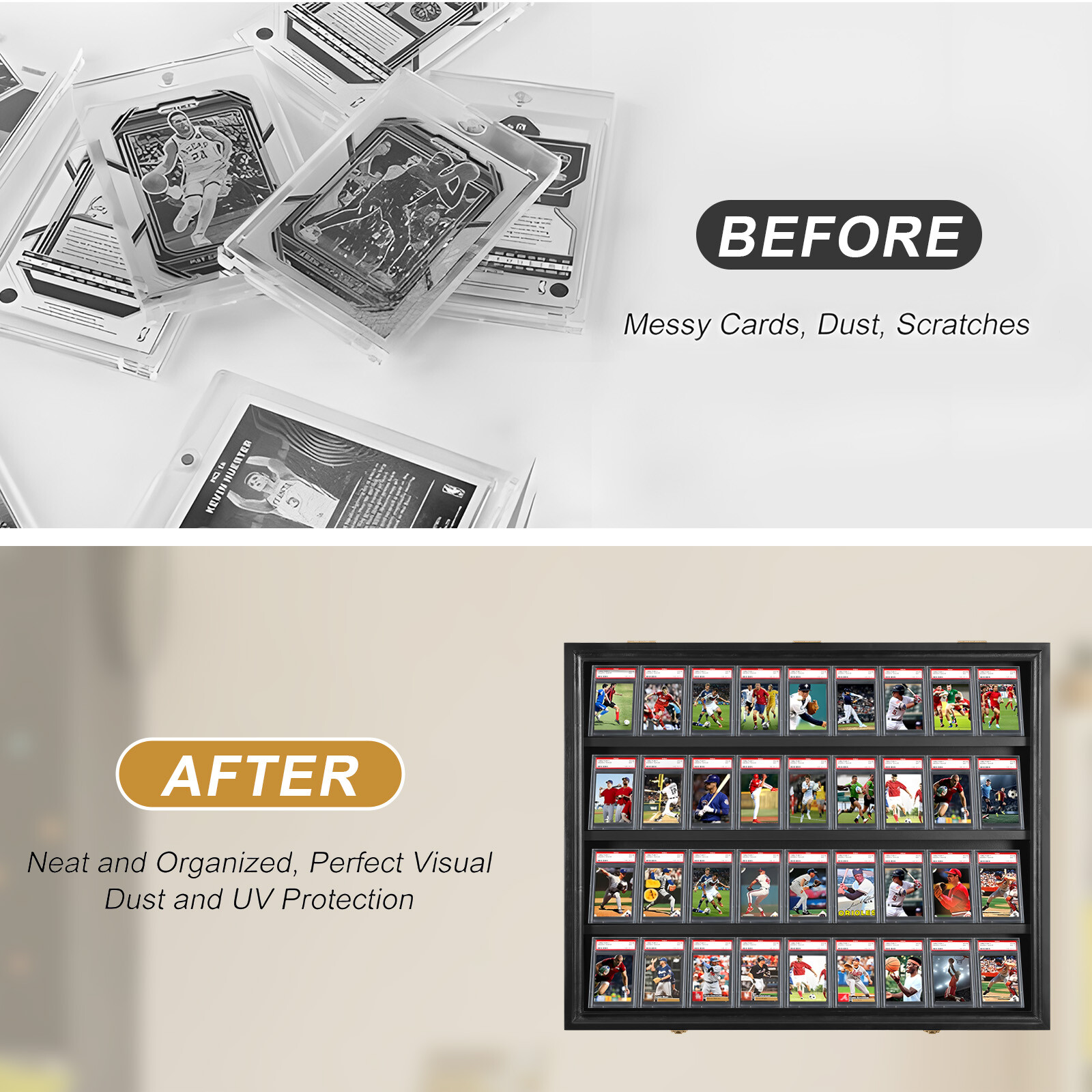 Graded Card Display Case 36 Slots Sports Card Wall Cabinet w/98% UV Acrylic Door