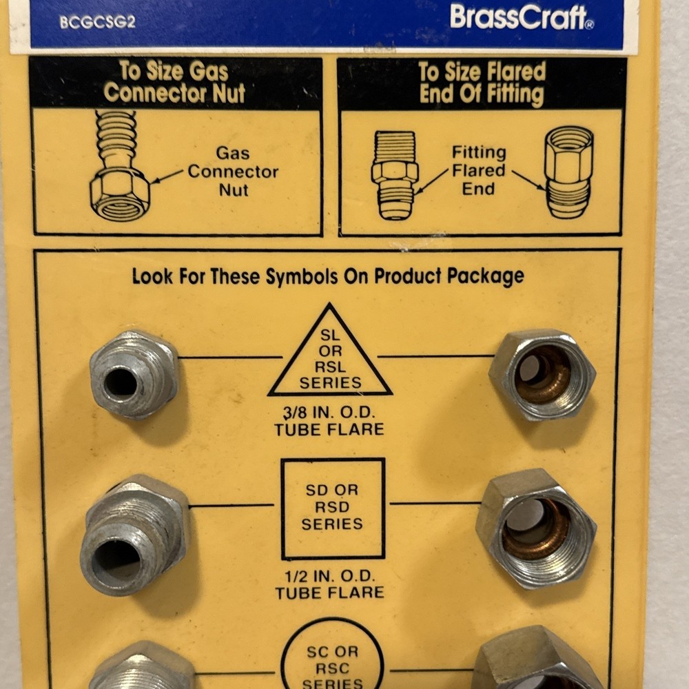 Brass Craft Gas Connector Sizing Guide Tool Board display Size Thread samples